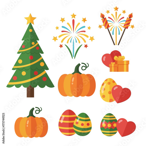 Festive collection of holiday-themed illustrations including a Christmas tree, fireworks, pumpkins, and Easter eggs.