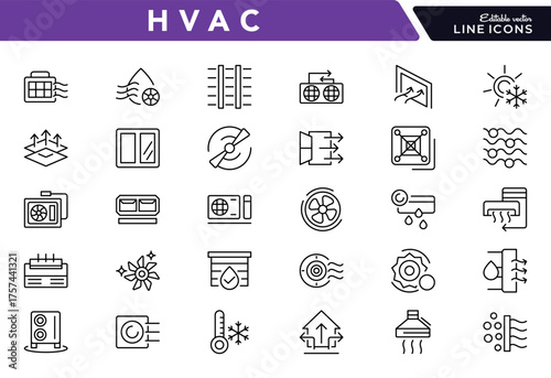 HVAC line icon set. Ventilation, air conditioning, temperature control, airflow, climate system, cleaner, vector line icons