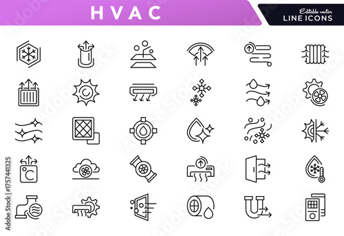 HVAC system line icon set. Heating, ventilation, air conditioning, climate control, temperature, airflow, cooling, thermostats, vector thin linear icon pack.