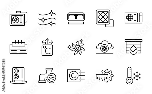 HVAC and climate system linear icon set. Heating, ventilation, cooling, airflow, temperature, thermostats, air cleaner, vector outline icons collection