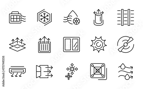 Heating and cooling linear icon set. Ventilation, air conditioning, temperature control, climate system, cleaner, thin line vector icon pack