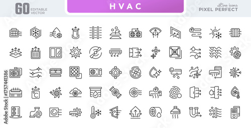 HVAC line icon set. Heating, ventilation, air conditioning, temperature control, airflow, thermostats, cooling, air cleaner, climate control, heating vector thin icons pack. editable stroke
