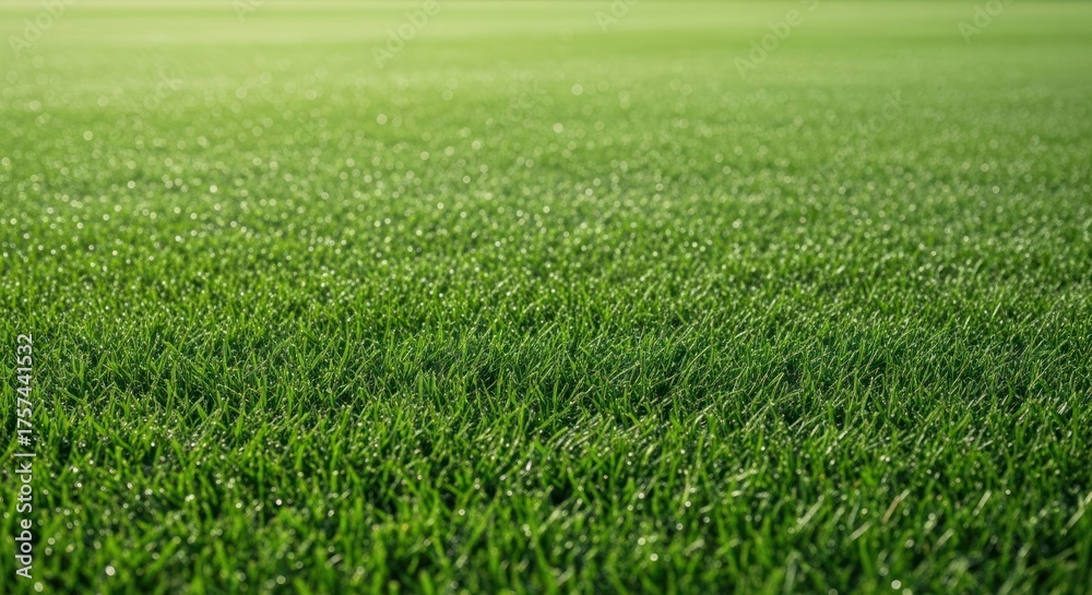 Obraz premium Lush Green Grass Field with Dew Drops in Soft Morning Light
