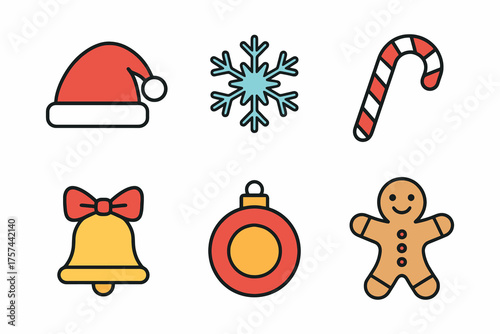 Collection of six festive christmas icons including santa hat snowflake candy cane bell ornament and gingerbread man