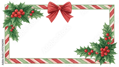 Christmas holly and bow adorned rectangular frame with candy cane stripes