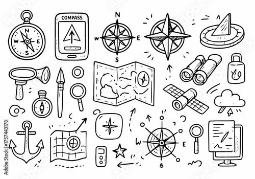 Hand-drawn Doodle Style Vector Set of Compass and Navigational Tools, Playful Sketchy Hand-drawn Illustrations, Ideal for Both Digital and Print Use
