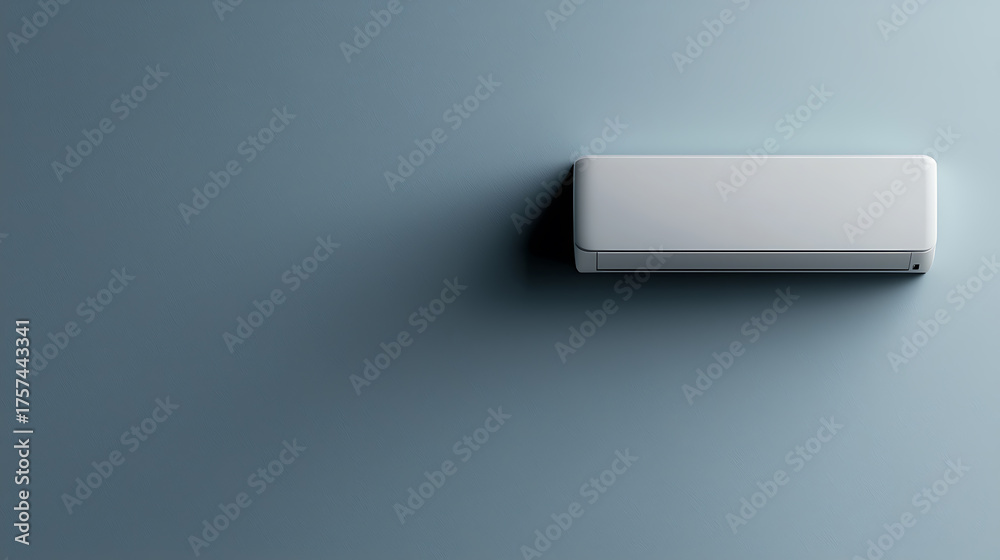 Obraz premium A minimalist, wall-mounted air conditioner against a smooth, blue wall. The sleek design and subtle shadows create a modern, comfortable climate control solution.