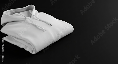 A folded white hooded sweatshirt with drawstrings on a black background