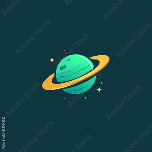 Vibrant green ringed planet with craters and stars on a dark space background