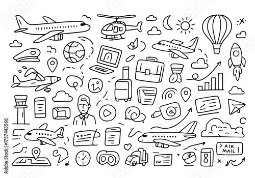 Hand-drawn Doodle Style Vector Set of Airplanes and Aviation, Black Outline Sketch Illustrations, Ideal for Both Digital and Print Use
