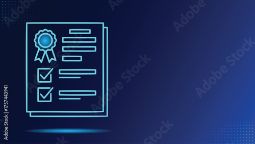 Document with certificate and checklist icon on blue background