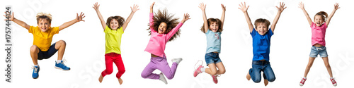 Group of young boys and girls jumping, smiling, full of energy, captured in motion isolated on white or transparent background background