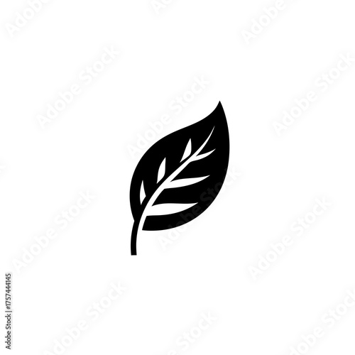 Minimalist black leaf silhouette icon, natural organic plant symbol, eco-friendly design element, simple vector graphic for nature themes