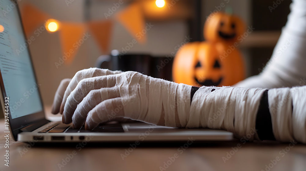 Naklejka premium Mummy on the computer. Spooky season with a touch of tech! Wrapped up but still getting work done. Digital world, haunted house vibes, Halloween, coding, and fun.