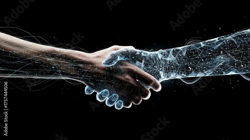 Human and digital hand shaking creating a connection. Technology merging with humanity and artificial intelligence concept footage.