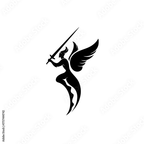 Dynamic black silhouette of a winged warrior figure holding a sword, symbolizing strength, protection, and mythical power.