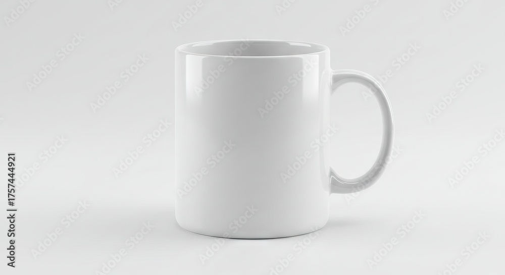 Fototapeta premium A glossy white ceramic mug with a rounded handle on a white surface