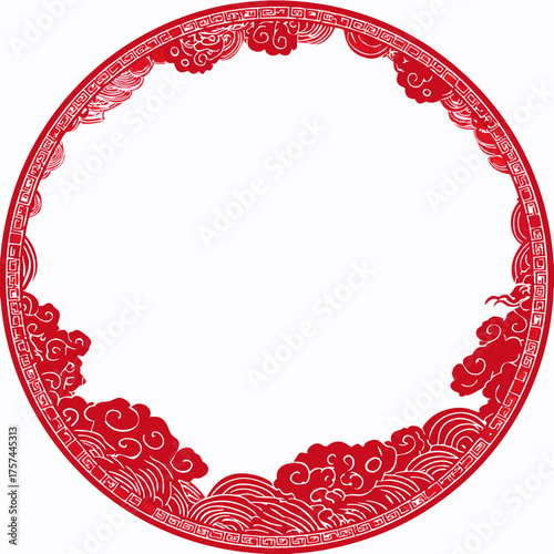 Vibrant red traditional Asian circular frame with auspicious clouds and wave patterns, intricate decorative border for design elements and festive occasions.