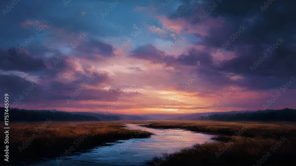 Fototapeta premium A vivid sunset paints the sky with vibrant colors over a tranquil river winding through golden fields