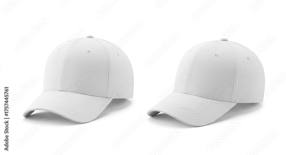 Fototapeta premium Two white baseball caps are displayed side by side set against a bright white backdrop