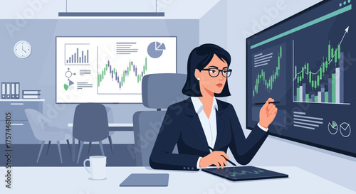 Businesswoman analyzing stock market trends in office for financial strategy