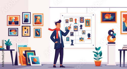 Art Curator Arranging Exhibition Layout in Contemporary Gallery Space with Paintings