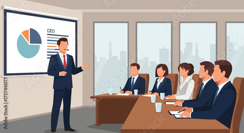 Illustrated CEO presenting business strategy with pie chart and data to team members