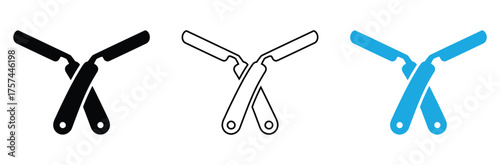 Classic straight razor icons for barbershop branding, representing grooming, style, and traditional shaving in black, white, and blue palettes