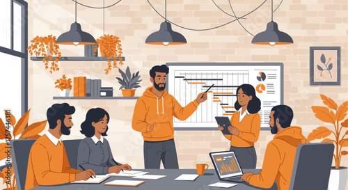 Energetic team collaboration during a project presentation in a modern office space