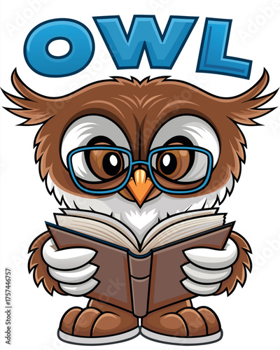 The funny cartoon owl character with glasses is reading a book, a cute animal illustration