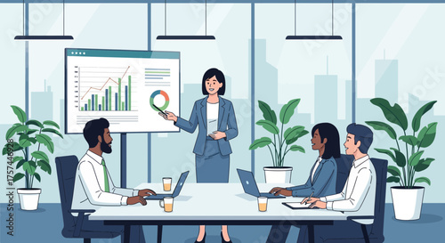 Illustration of business presentation with graphs and diverse professionals in a modern office