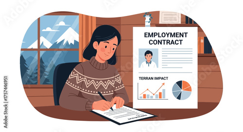 Woman signing employment contract at home with mountains view creating stability