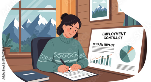 Woman reviewing employment contract in cozy home office with mountain view