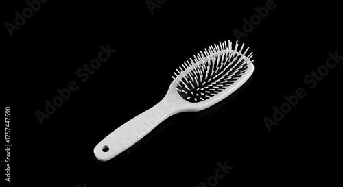 A white oval hairbrush with white bristles sits on a black background