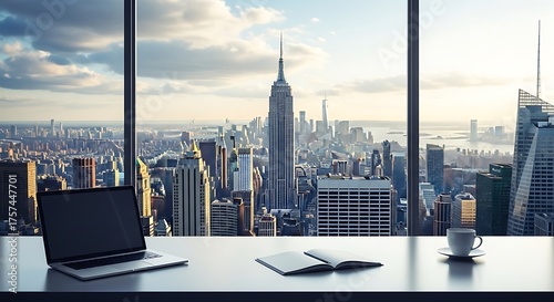 Modern office desk with laptop and notebook overlooking new york city skyline