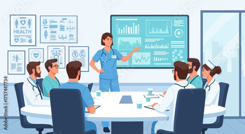 Medical team discussing patient data in modern conference room with infographic