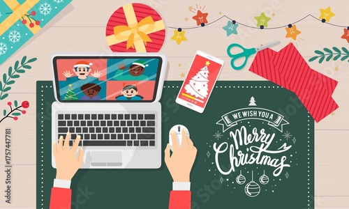 Natale con amici fine anno vacanze 31 dicembre 25 e 26 dicembre santo stefano epifania parlano al computer e laptop con cellulare e tablet luci regali gift card