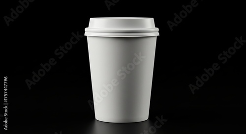 A white paper coffee cup with a lid sits on a glossy black surface against a dark background