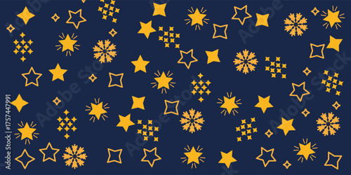 Seamless vector pattern on a blue background of the starry sky, stars in yellow color, flat design for web design and web.
