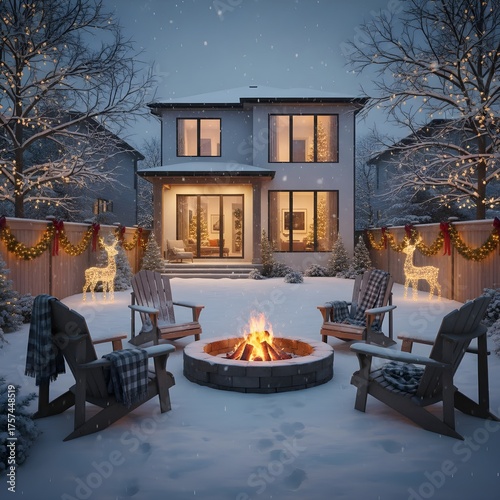 Snowy Backyard Christmas Scene with Campfire at Dusk