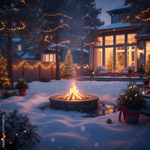 Cozy Winter Evening Campfire in Suburban Backyard
