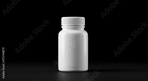 A white plastic pill bottle with a ribbed cap on a dark background
