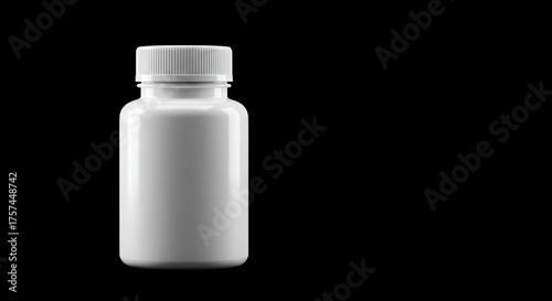 A white plastic pill bottle with a screwon cap set against a stark black background