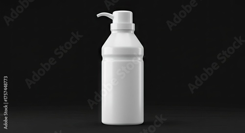 A white plastic pump bottle is centrally displayed on a dark matte surface