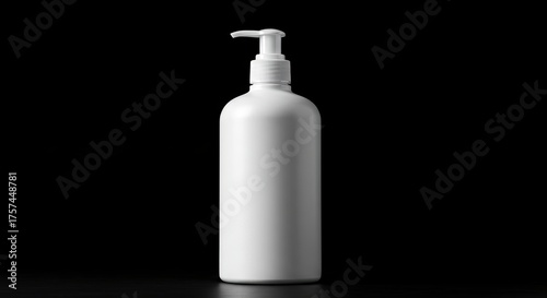 A white plastic pump bottle is isolated against a black background