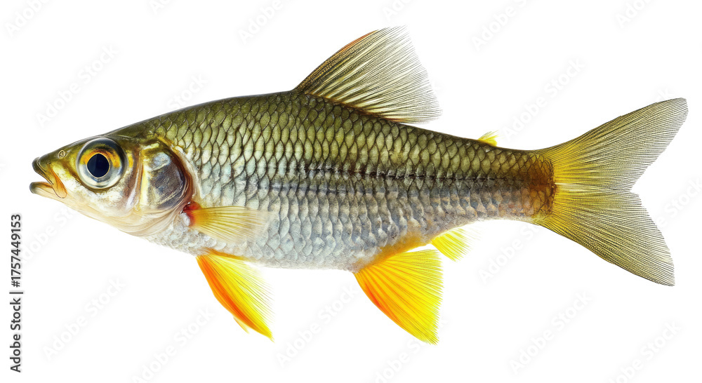 Obraz premium olive barb, a popular freshwater fish species from south america, with a yellow and green body coloration on a transparent background