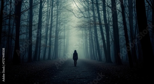 Lone Figure Walks Through Eerie, Foggy Forest Path, Silhouette, Mystery, Dark.