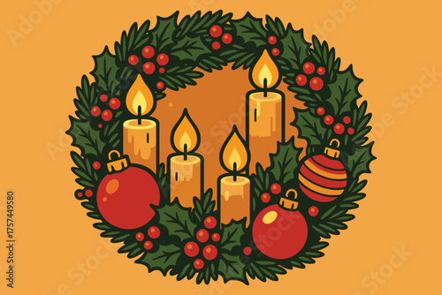 Traditional christmas advent wreath with four lit candles and ornaments on orange background