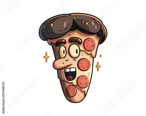 Funny vector cartoon illustration of a smiling pizza character face with teeth