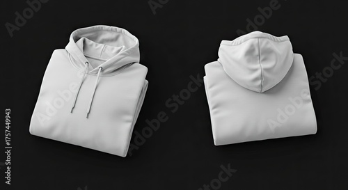 Two folded white hoodies displayed on a dark background